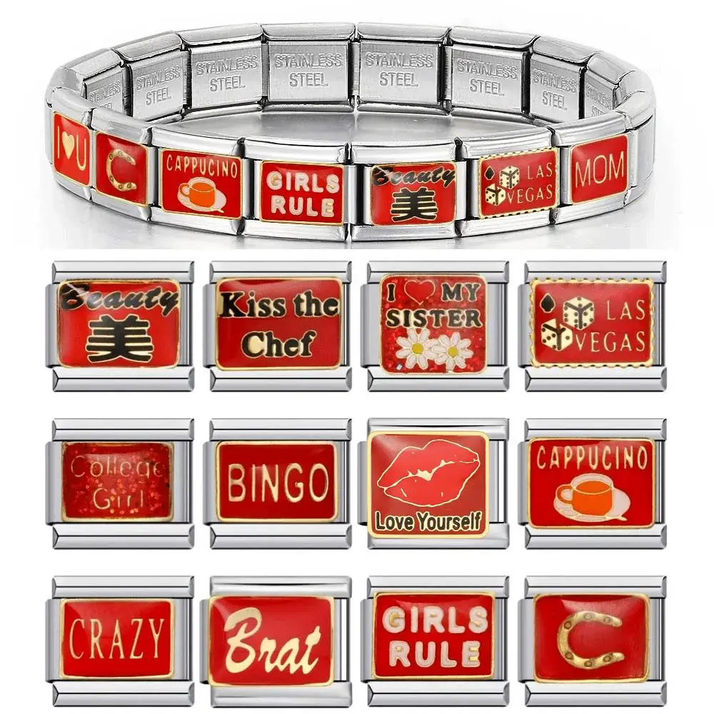 2025 Red Color Italian Charm Links Fit 9mm Stainless Steel Italian Charm Bracelet Sexy Bingo Boss Crazy Mom Beauty Beads Jewelry