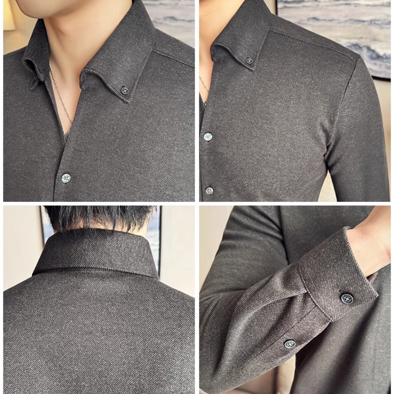 Camicia invernale in lana spessa, camicia casual di alta qualità con scollo a V da uomo senza cuciture, top da lavoro marrone