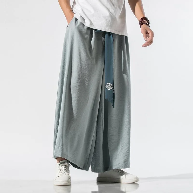 Male Dark Gothic Ribbon Drape Quality Skirt Pants Men Harajuku Streetwear Y2k Ins Chic Japanese Hakama Samurai Handsome Trousers