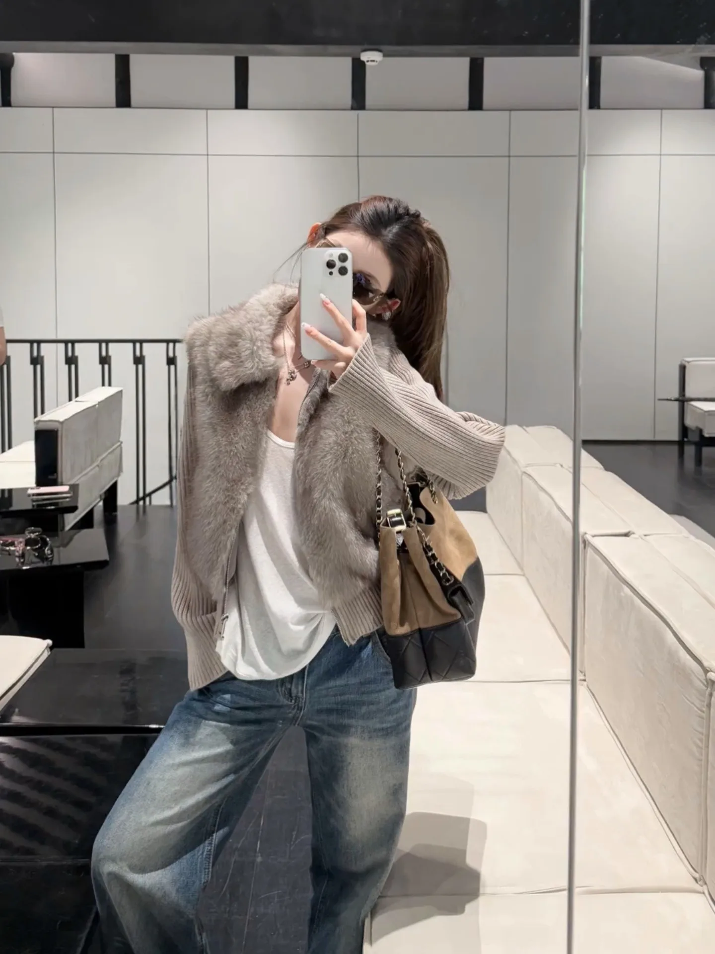 

Серый вязаный свитер-жакет в стиле меховой шубы, женский, свободного кроя, с укороченной талией, осенне-зимний, в стиле lazy style