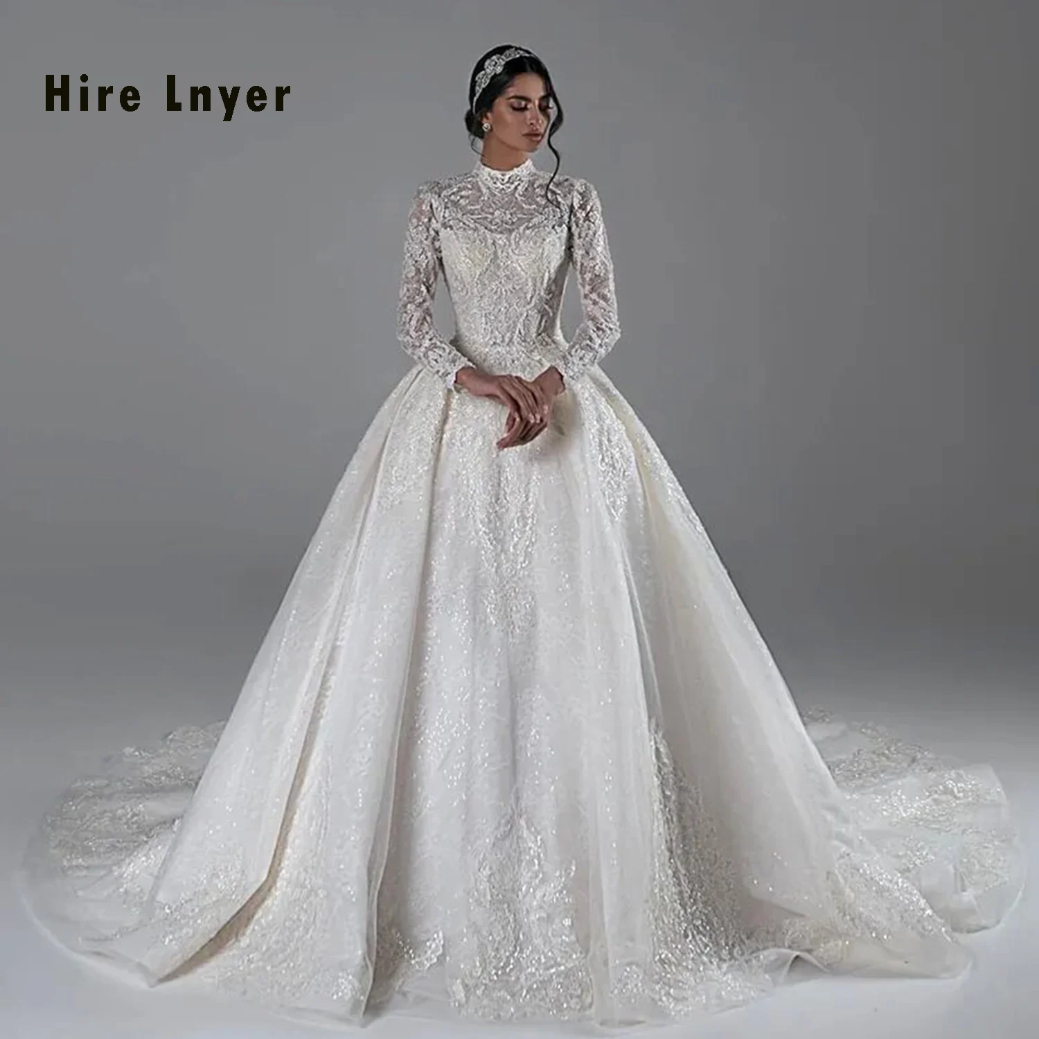 Hire Lnyer High Neck Long Sleeve Shiny Beads Pearls Sequins Princess A-Line Wedding Dresses Real Office Photos Video