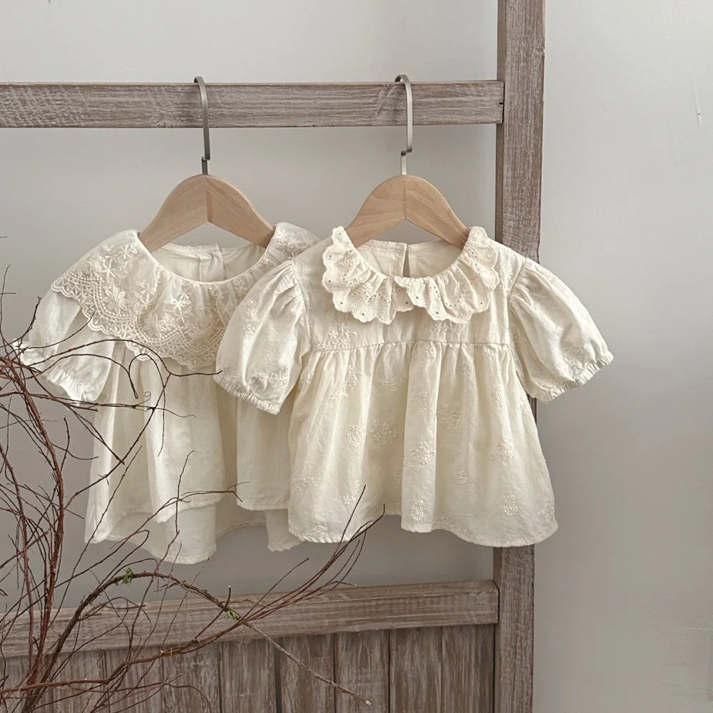 2026 Summer New Baby Girl Lace Collar Shirts Fashion Girls Short Sleeve Blouse Infant Cotton Tee Toddler Loose Tops