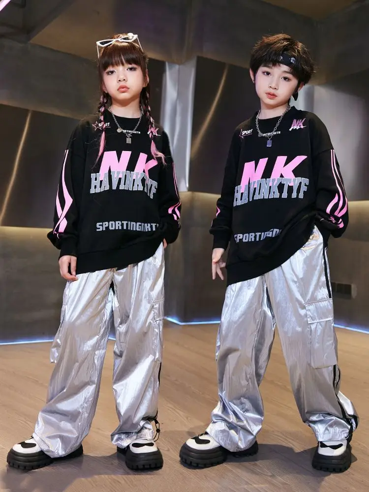 

Boys Hip Hop Costume Street Dance Black Sweater Silver Pants Girls Jazz Dance Clothes Hiphop Performance Suit Rave Wea