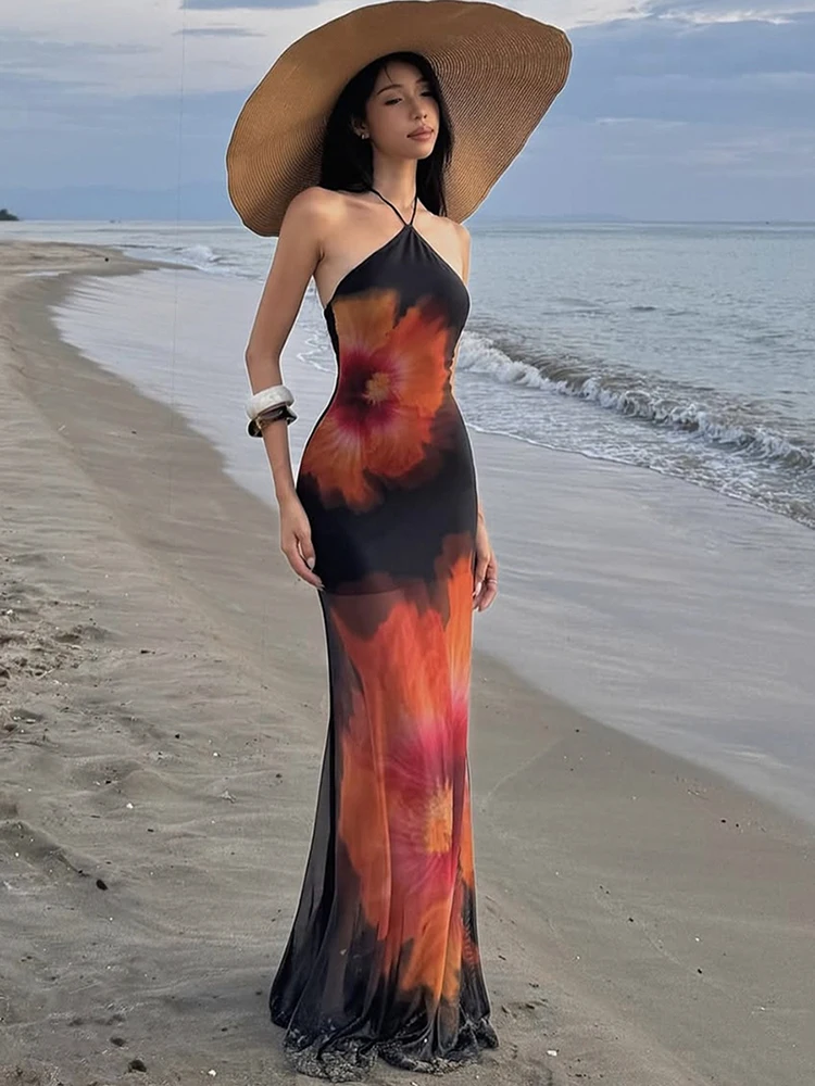 Image of Weird Puss Strand-Urlaubskleid für Damen, durchsichtig, Blumendruck, Neckholder, rückenfrei, Bandage, ärmellos, Party, Club, Stretch, figurbetont
