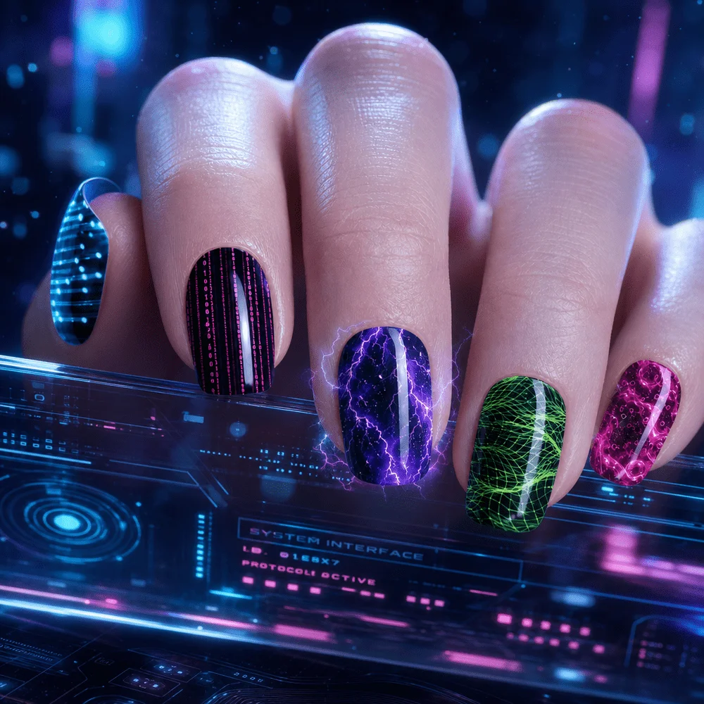 24pcs Medium Square Y2K Cool Girl Cyber Graphic Pattern Press on Nails, Edgy Futuristic Neon Light Fake Nails, Reusable Stick on False Nails & Acrylic Tips, UV Printed Super Value Pack with Jelly Gel, Nail File, DIY Manicure Kit for Women Girls Gift
