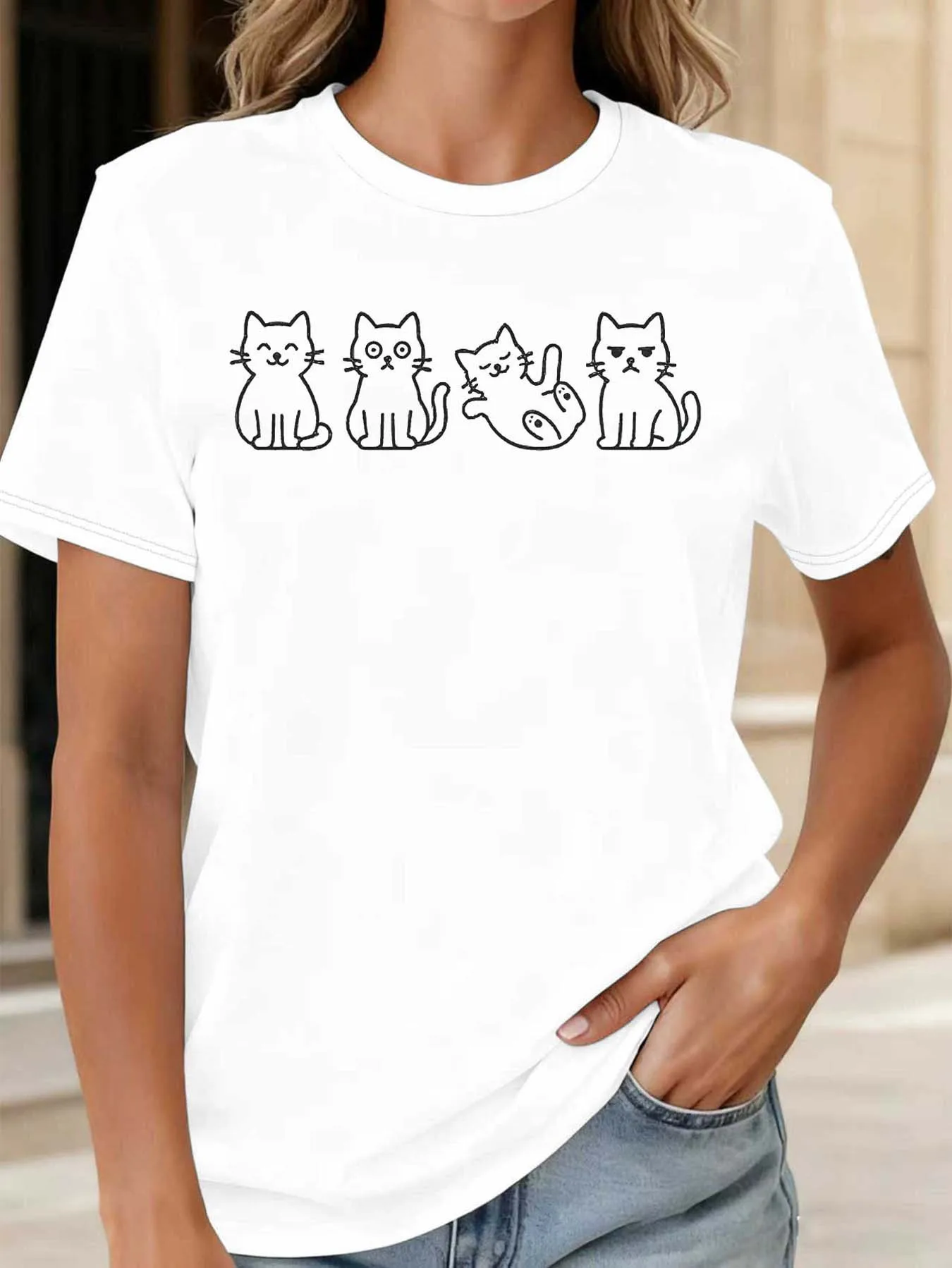 Cartoon Cat Expression Line Art Print Sleeve Comfy Chic Street Style Apparel for Curvy Ladies Daily Wear All-Season Essential