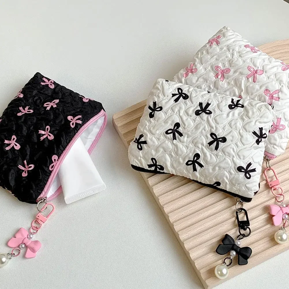 Small Hand Makeup Bag Pink Black Print Bow Women's Convenient Lipstick Card Mini Case Cosmetic Bag Sanitary Napkin Storage Bag