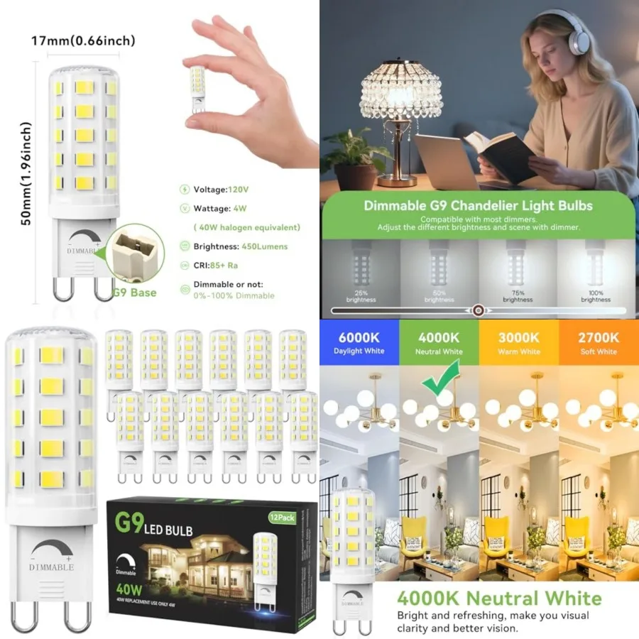 

Dimmable G9 LED Bulb 4W Equivalent 40 Watt,,T4 G9 Bi-pin Base Halogen Replacement, G 9 Socket Light Bulb for Chandelier Wall Sc
