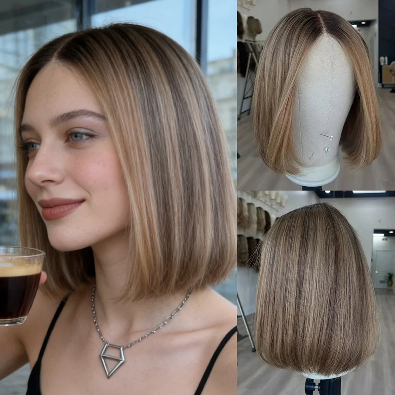 New Woman wigs Light Brown Blonde Highlights Lace Front Wig Bob Cut Ombre Color Synthetic Hair Cosplay Daily Wear Wig for Girls