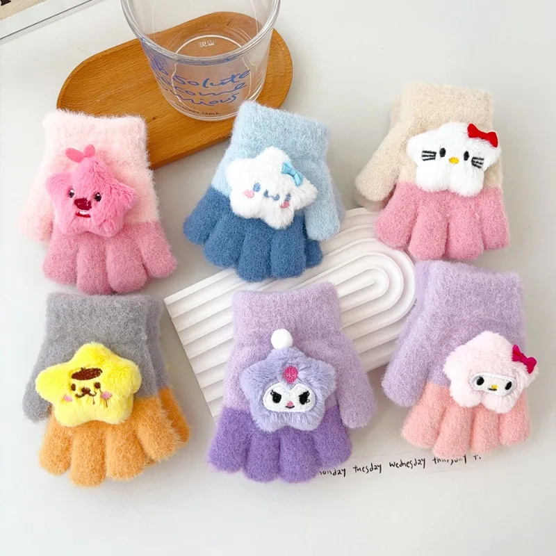 Sanrio Cartoon Baby Warm Gloves Kawaii Autumn Winter Cold Thickening Cute Children Write Five Fingers Outdoor Antifreeze Hands