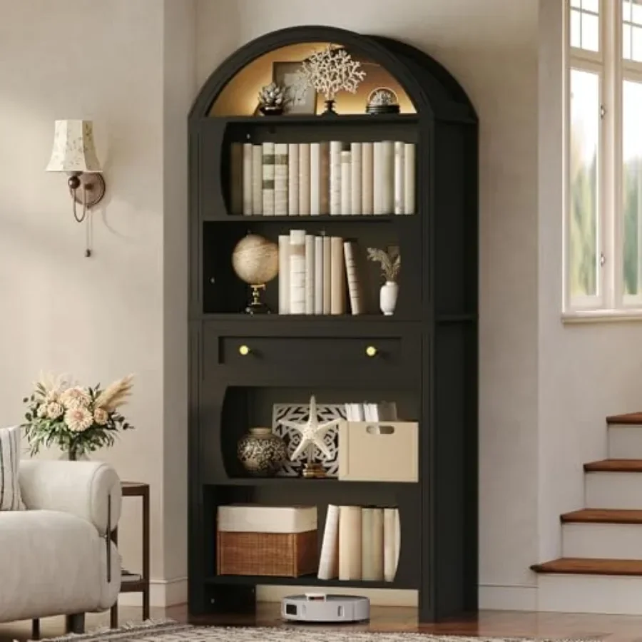 Arched Bookshelf for Living Room and Home Office, Solid Wood, White, 70.3 Tall 6-Tier Freestanding Display Shelf with Drawer, O