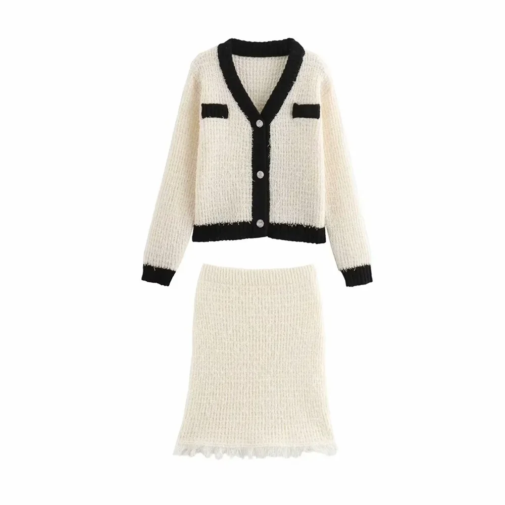 

Pop 2024 Autumn New Product Women's Fashion Casual V-neck Long Sleeve Knitted Coat High Waist Elastic Half Skirt Set