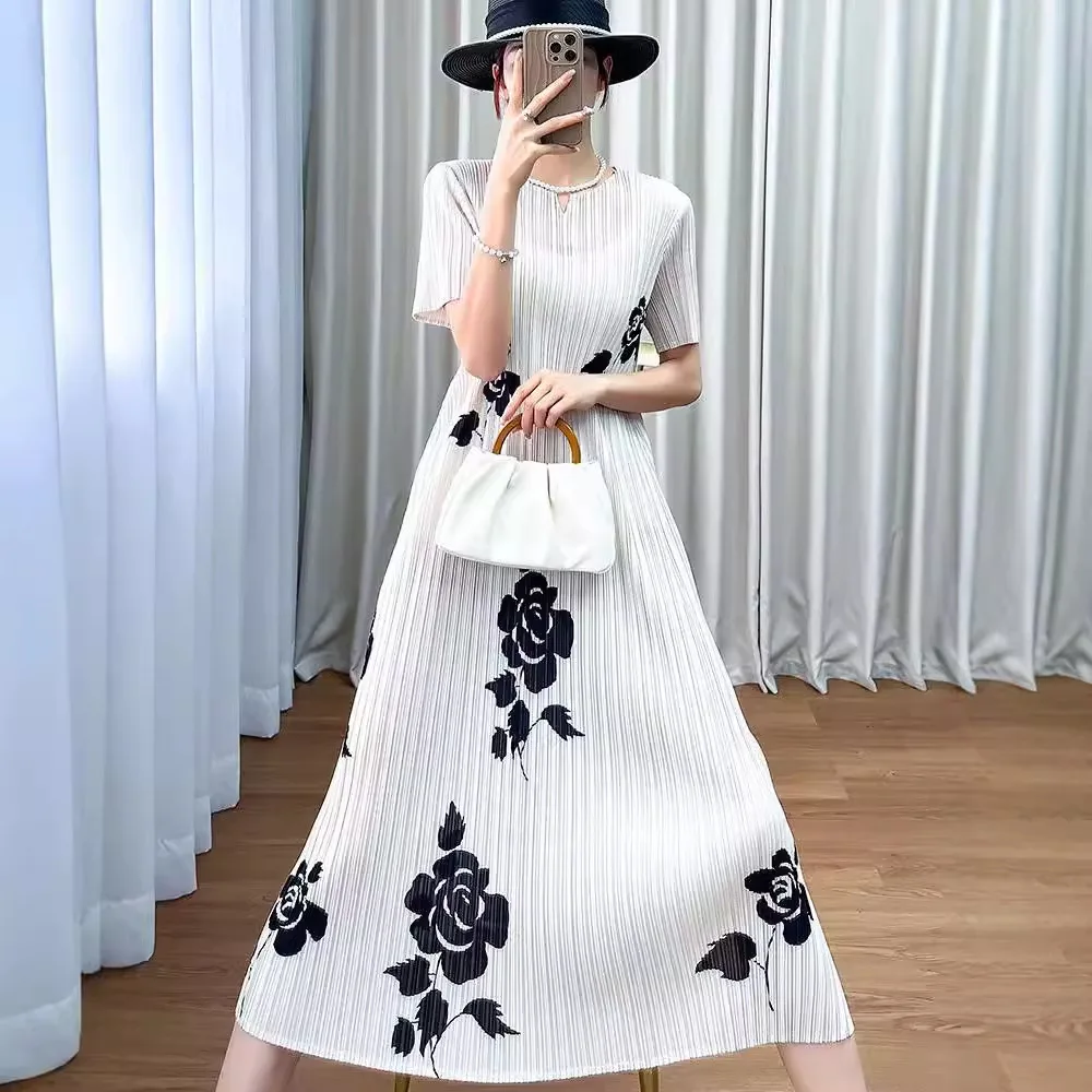 202 vestido de verão feminino estampado gola redonda manga curta redução de idade saia plissada suleste asiático vietnã pele de camarão