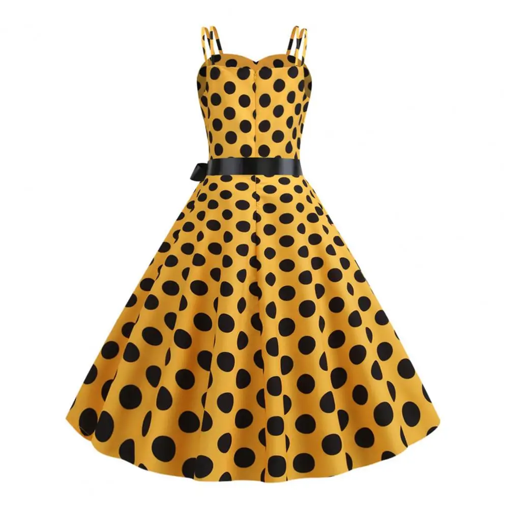 V Neck Dress Elegant Retro A-line Midi Dress with Bow Decor Dot Print for Women for Parties Weddings Proms Sleeveless Dress