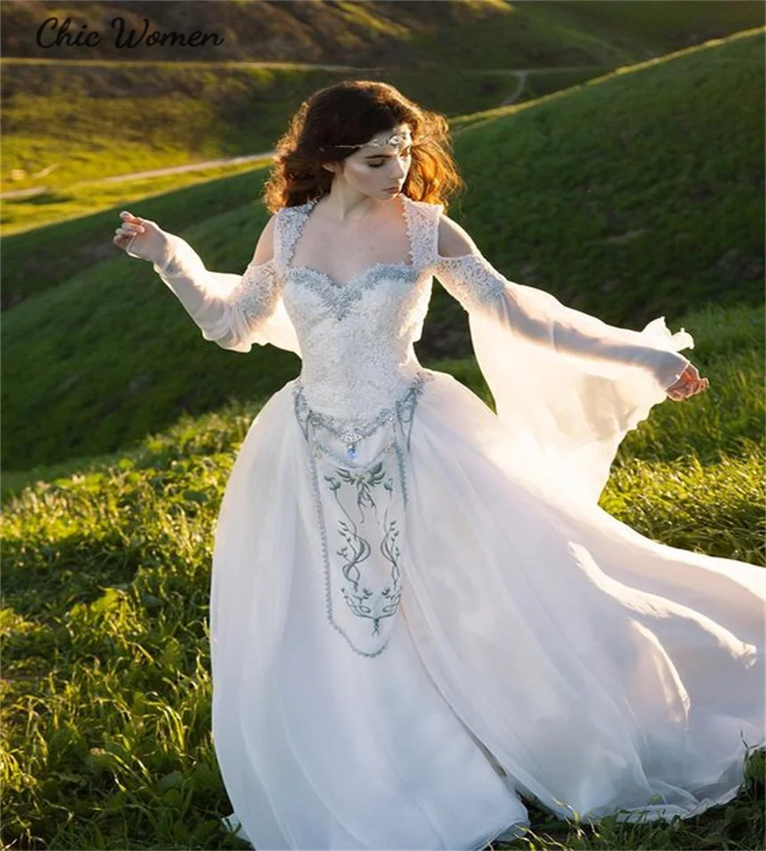 Vintage Celtic Pagan Renaissance Wedding Dress White Gothic Fairytale Elf  Medieval Aesthetic Bridal Gowns Lace Embroidery Wiccan - AliExpress