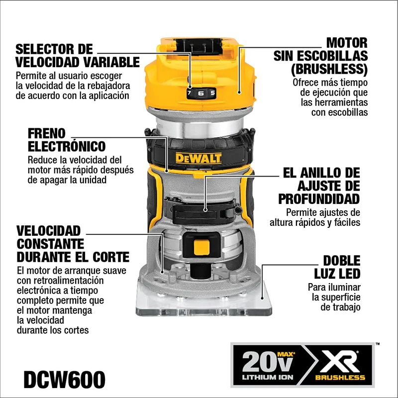 DEWALT DCW600 20V XR Brushless Cordless Router Engraving Machine Slotting Trimming Machine Woodworking Power Tool