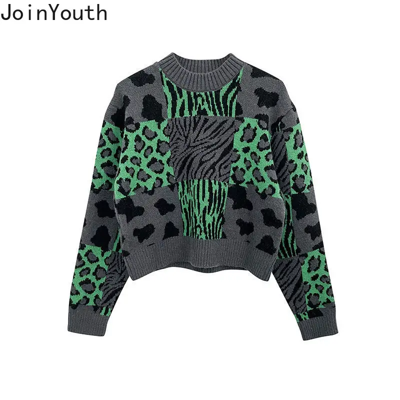 2023 Fall Clothing Pullovers Fashion Tops for Women Vintage Leopard Print Knit Sweaters Korean Loose Jumper Sueter De Mujer