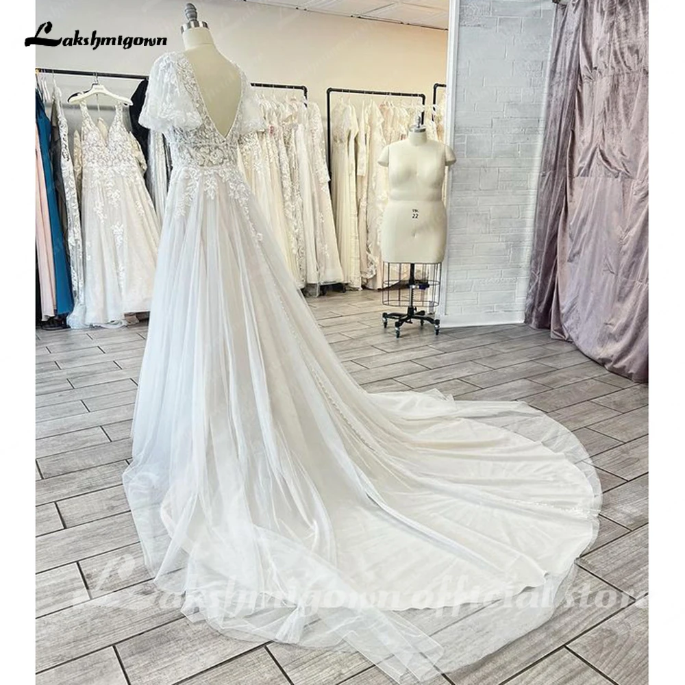 Lakshmigown ลูกไม้ V คอ Boho ชุดแต่งงานแขน vestidos de fiesta สาย Tulle Beach Gowns แต่งงานที่กําหนดเอง Hochzeit