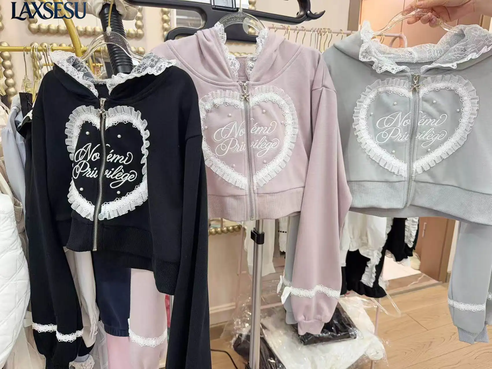 Japanese Sweet and Cute Short Coat Bow Lace Edge Casual Sweatshirt Hooded Coats for Women Spring Autumn Long Sleeve Short Top