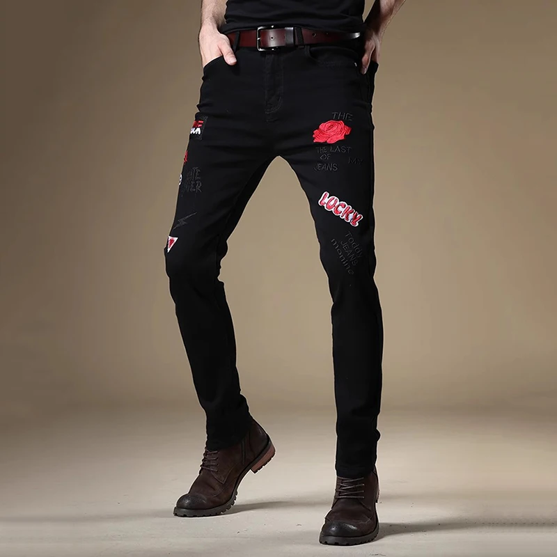 REDDACHIC Red Rose Embroidered Straight Jeans for Men Skinny Stretch Retro Black Denim Pants Youth Chinesechic Hiphop Streetwear