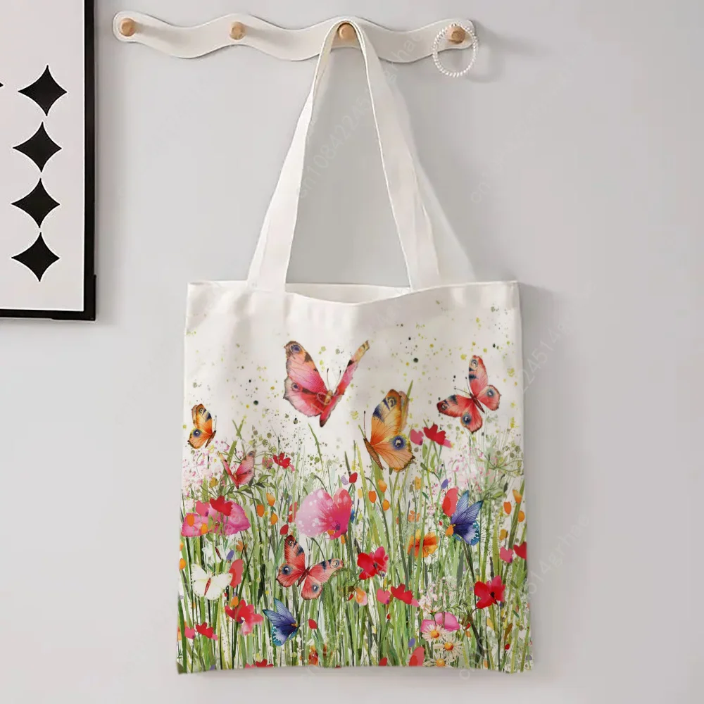 Butterfly Floral Reusable Bag Colorful Weed Pattern Shopping Travel Large Shoulder Bag Foldable Utility Tote Bags