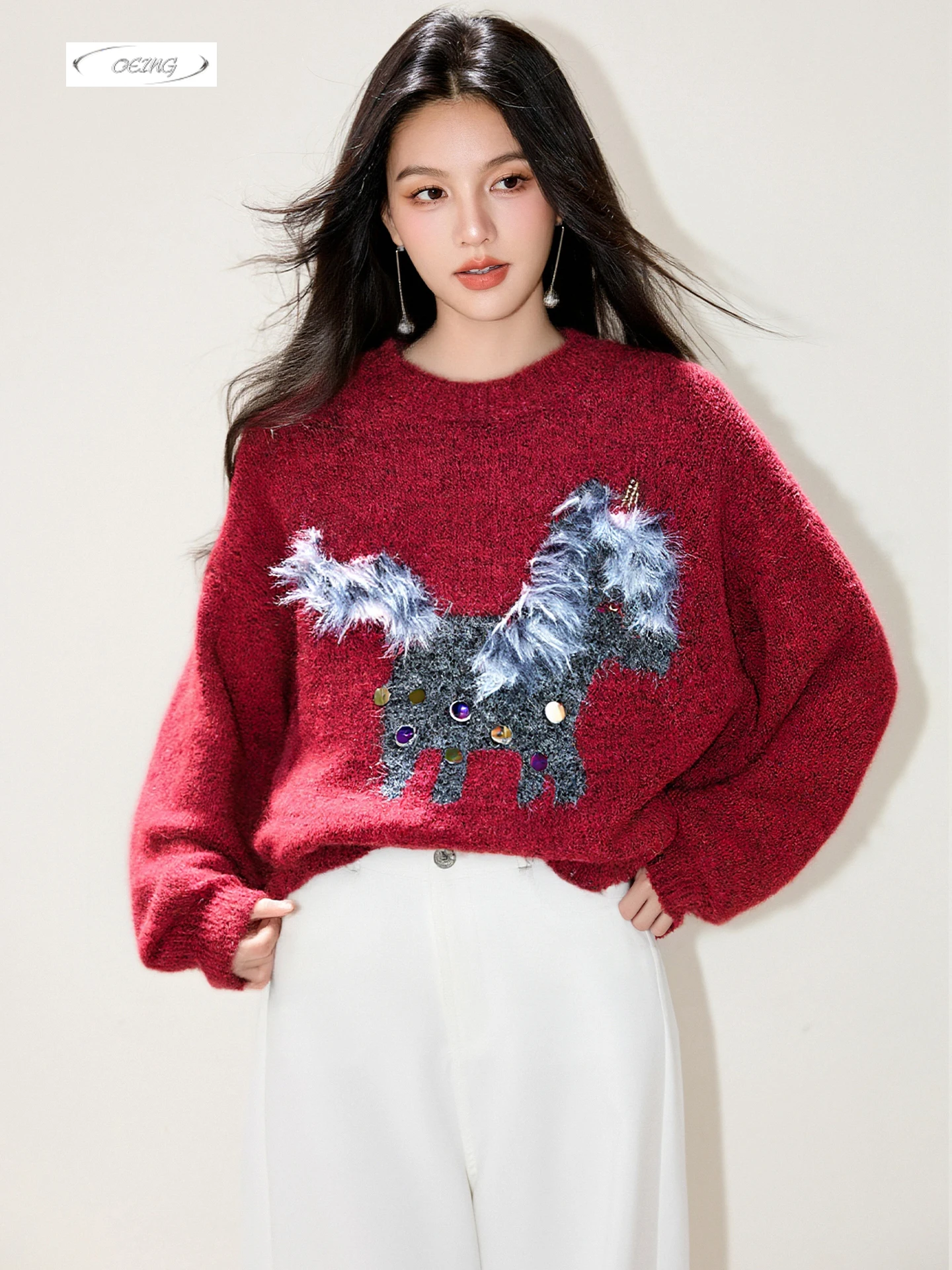 

Свободный красный свитер с мультяшным узором для женщин, осень-зима, толстый теплый вязаный пуловер, топы, милый трикотаж в корейском стиле 9773