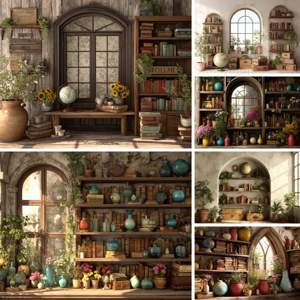 

Graduation Photography Retro Background School Students PortraitPhoto Backdrops Vase Bookshelf Arched window Party Decor Banner