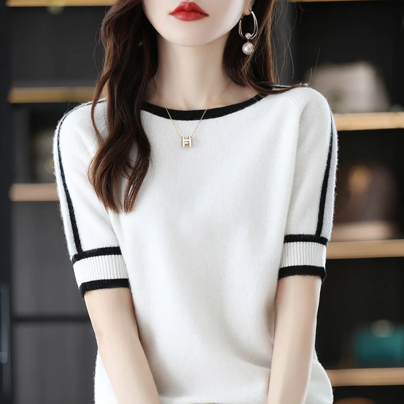 Summer O Neck Contrasting Casual Short Sleeved Knitted T-shirt Fashion Elegant Lightweight Korean Slimming Women Pullover Tops