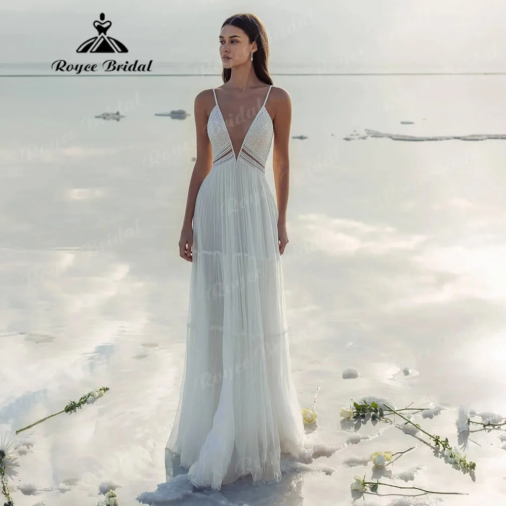 Sexy Boho-Hochzeitskleid mit V-Ausschnitt und tiefem Spaghettiträgern für Damen, 2025, rückenfreies Brautkleid, Vestidos de Novia, Boda Civil, individuell gestaltet