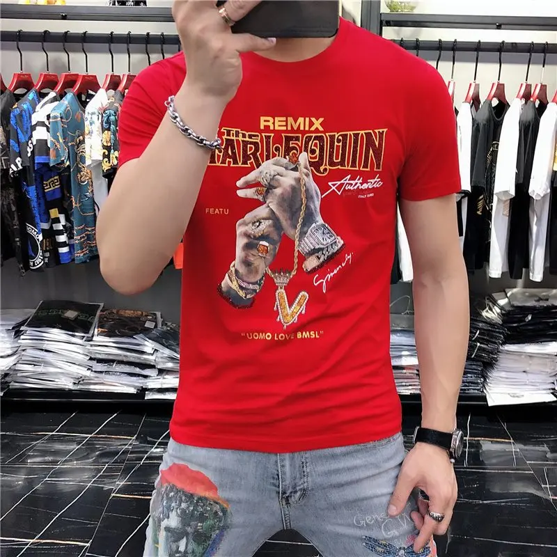 

Red Short Sleeve T-Shirt Men's Summer Fashion Slim Fit New Year Boy's Top Trendy Diamond Heat Transfer Stripe Pattern Casual ...