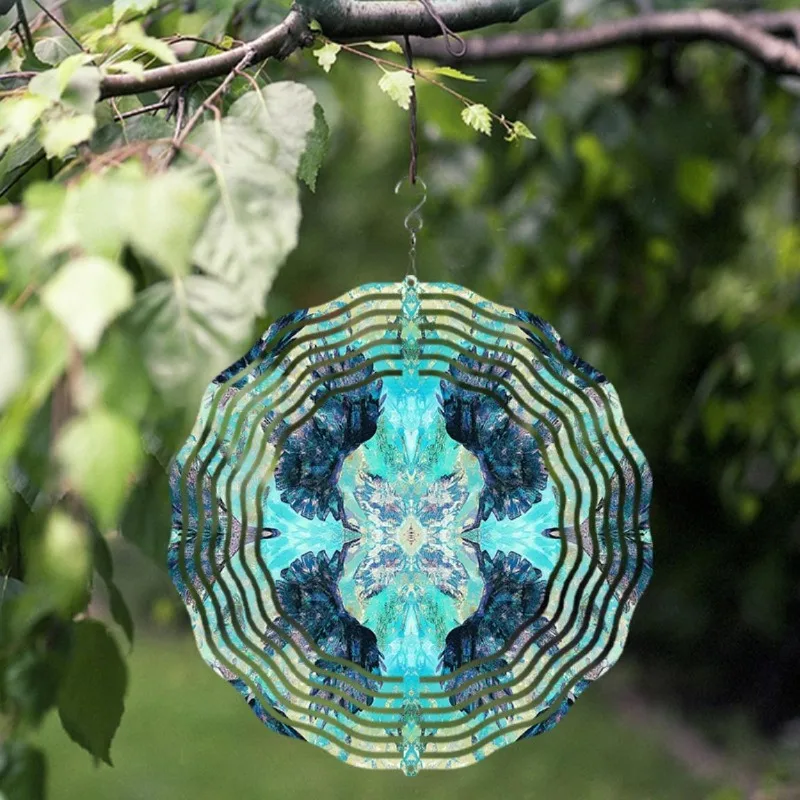 CIFBUY Wind Spinner Teal Blue Stained Glass 360 Rotating Metal Sculpture Garden Patio Outdoor Decor Art Wind Chime