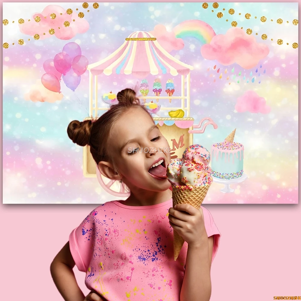 Sweet Candy Theme Backdrop Ice Cream Car Cupcake Lollipop Candyland Baby Birthday Party Photography Background Photo Studio Prop