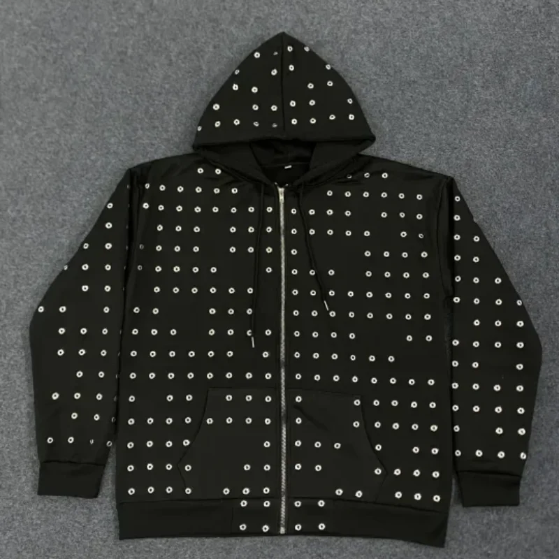 

Autumn New European American Full Circular Hole Decoration Top Trendy Zipper Cardigan Hooded Sweatshirt Men's Women's Clothing