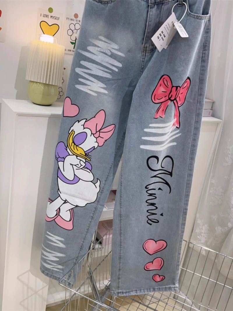 Korean Style 2024 Summer New Loose And Cute Cartoon Printed Wide Leg Jeans Women's Light Blue Long Casual Zipper Denim Trousers