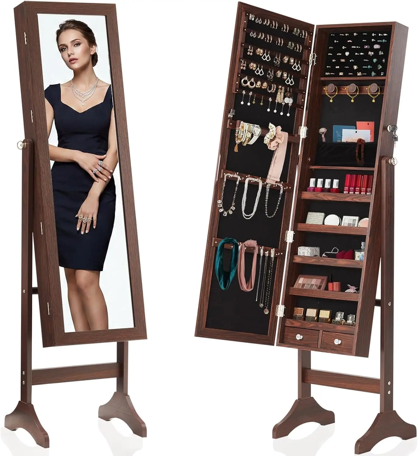 

47.3" Freestanding Jewelry Armoire Cabinet with Mirror, Rustic Brown |Large Capacity with Drawers, 3 Adjustable Angles (13°/23°/30°)