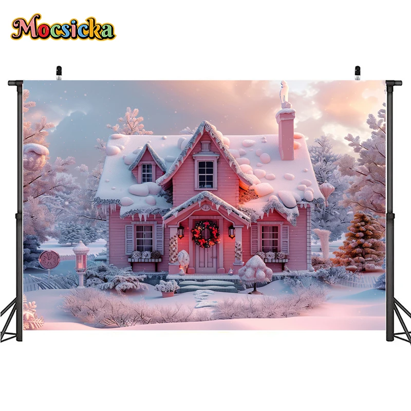 Mocsicka Photography Background Winter Christmas Pink Candy House Holiday Party Girl Princess Family Photo Backdrops Studio