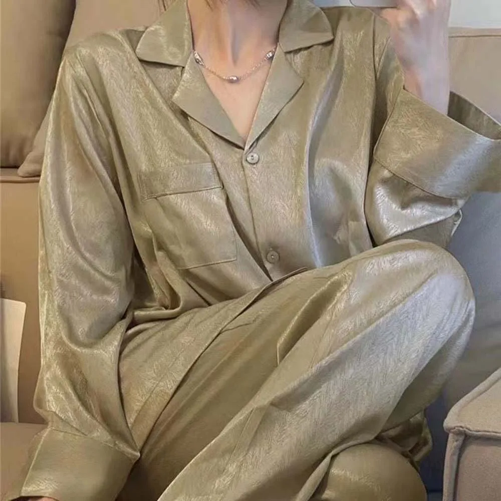 

Long Sleeve Solid Women Pajamas Set Korean Style Casual Light Luxury Sleepwear Thin Clothing INS Simplicity Nightwear Set Adult