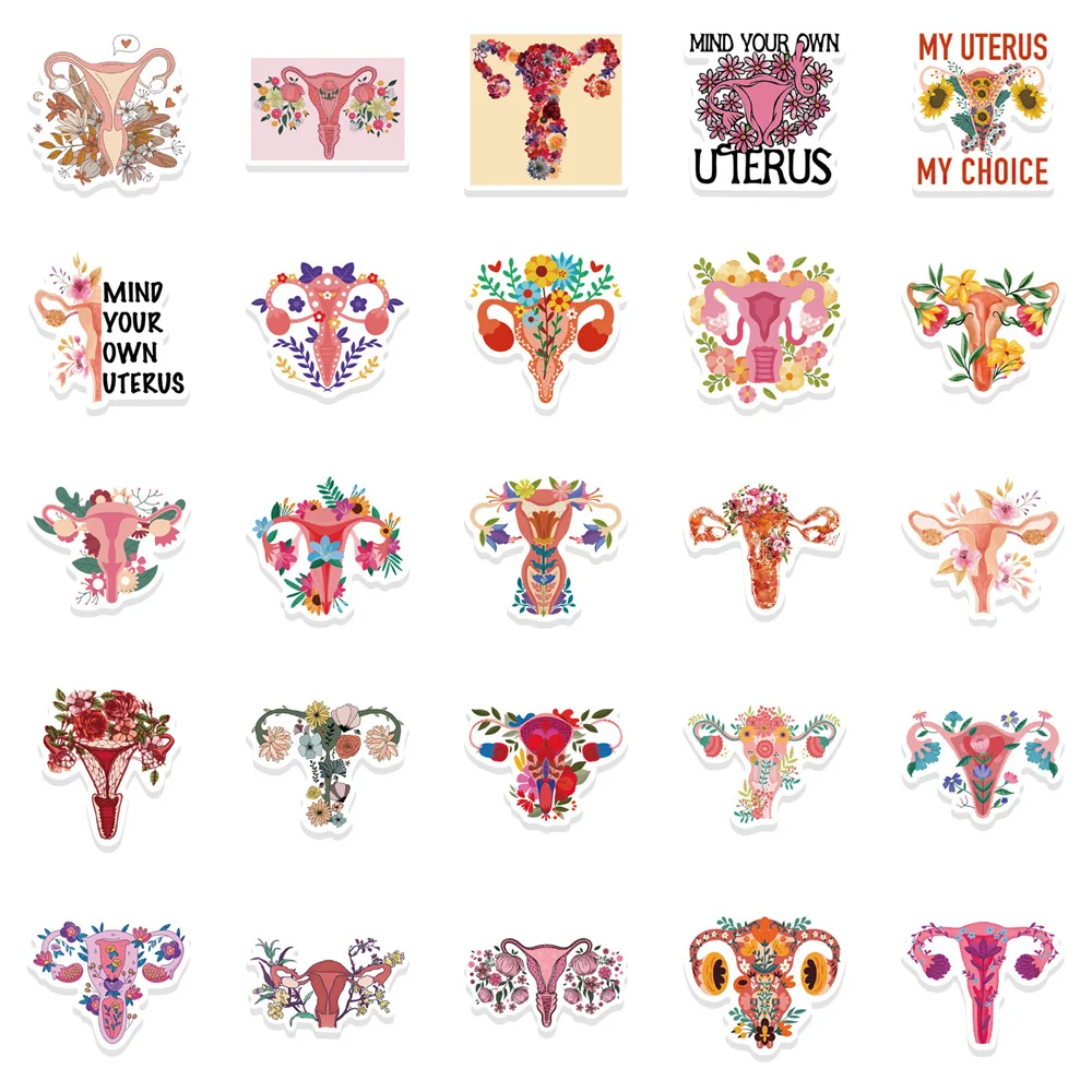 Feminism Flower Uterus Stickers for iPad, Laptop, Skateboard, Motivational Sticker, Craft Supplies, Scrapbooking Material, 50Pcs