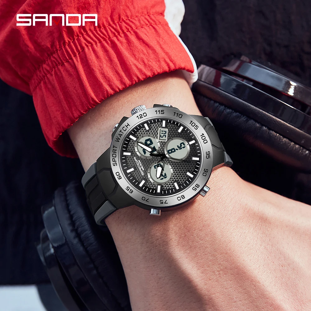 Sanda Top Luxury Brand Men\'s Watches Outdoor Sports Waterproof Dual Display Quartz Wristwatches Digital Relogio Masculino 3112