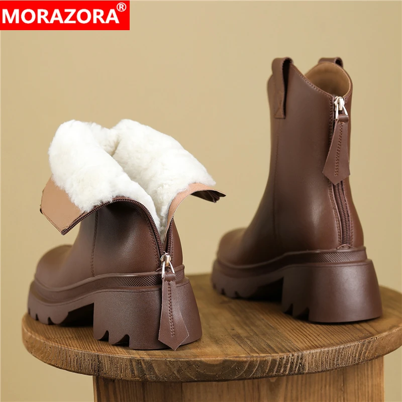 

MORAZORA Size 34-40 Genuine Leather Winter Boots Women Wool Warm Snow Boots Fashion Zip British Style Chunky Heels Ankle Boots