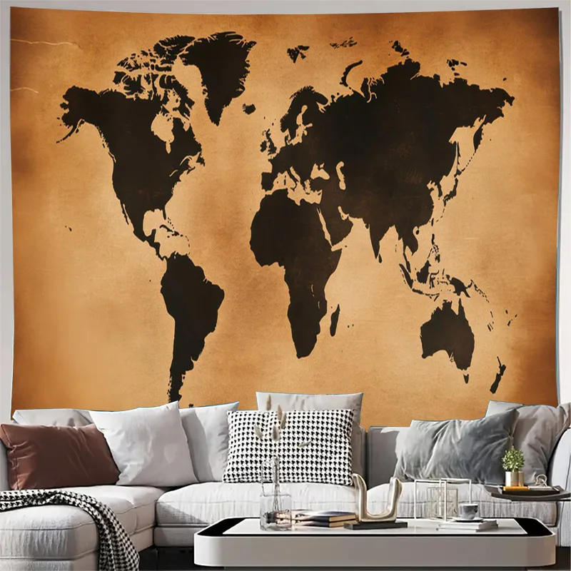 Tapisserie murale vintage avec carte du monde, impression sur toile d'art géographique mondial, décoration bohème pour salon rustique et chambre à coucher
