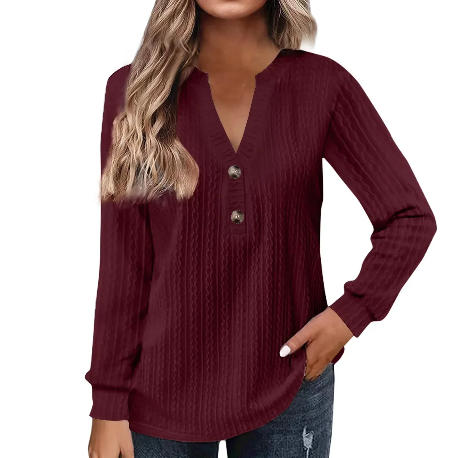 Classic Long Sleeved Shirts Women 2023 Button V Neck Long Sleeve Lady Autumn Large Size Blouse Textured Tops 5XL