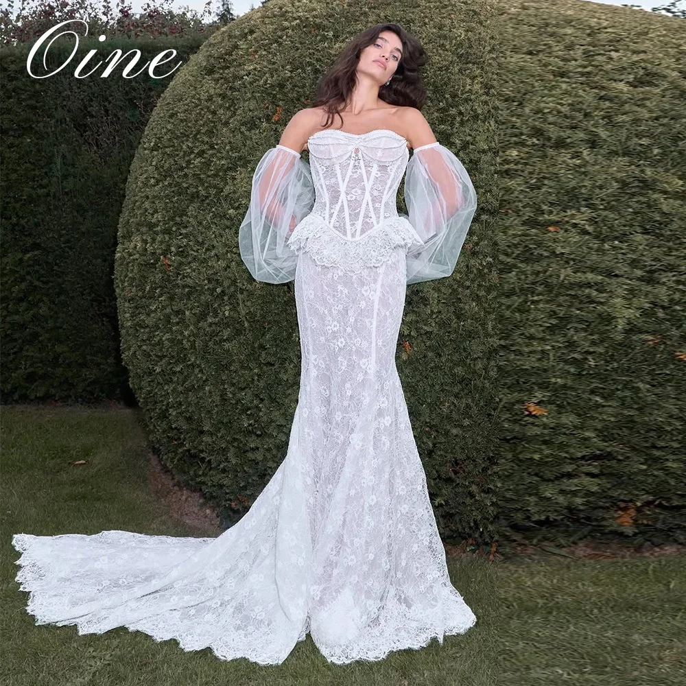 Oine Exquisite Sweetheart Collar Lace Wedding Dress with Detachable shawl 2026 Mermaid Pearls Tiered Bespoke vestido de novia