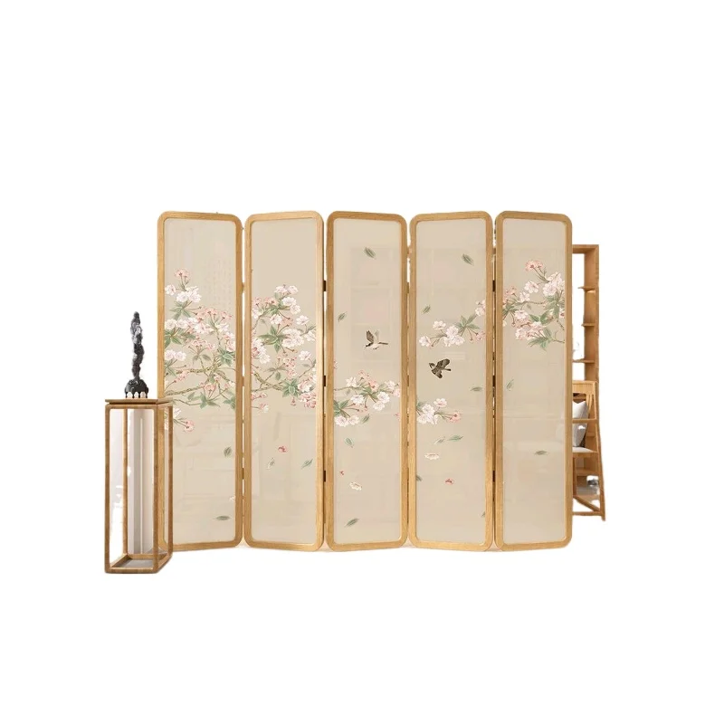 New Chinese-style solid wood screen folding mobile living room partition bedroom blocking household tea room curved frame