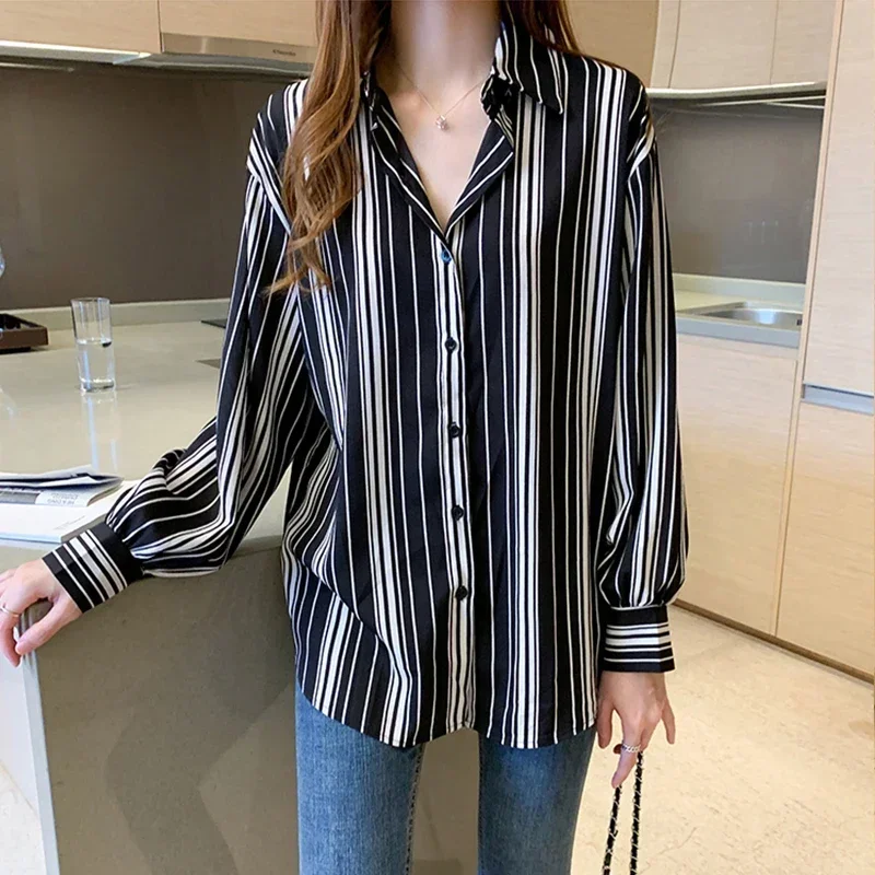 Fashion striped print ladies shirts Women\'s Blouses Spring Autumn Long Sleeve Shirts Tops Blusas Mujer