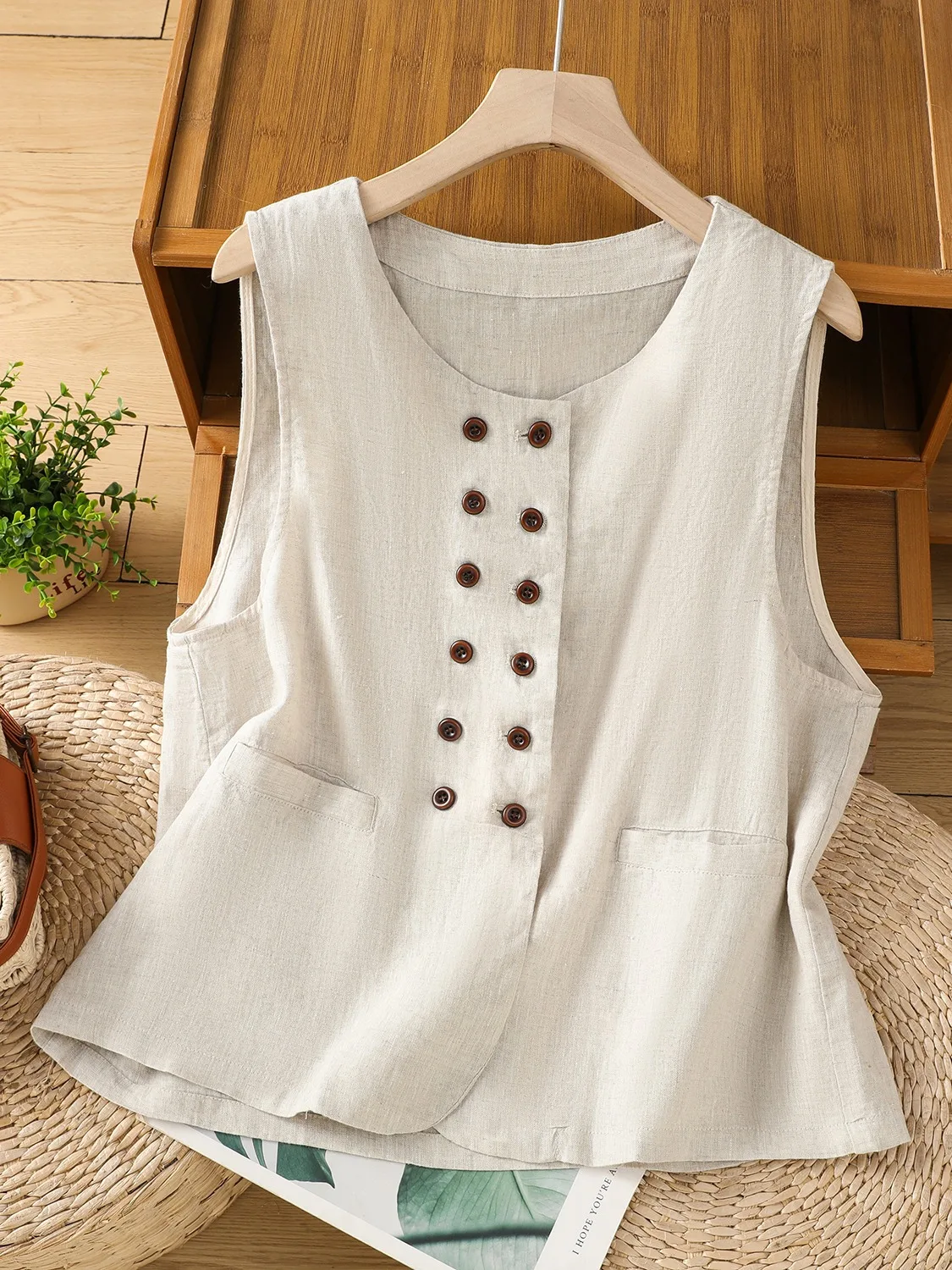 

Artistic Pure Color Sand Wa Cotton Linen Vest Women Summer Outdoor Casual Double Button round Ne Svel Top