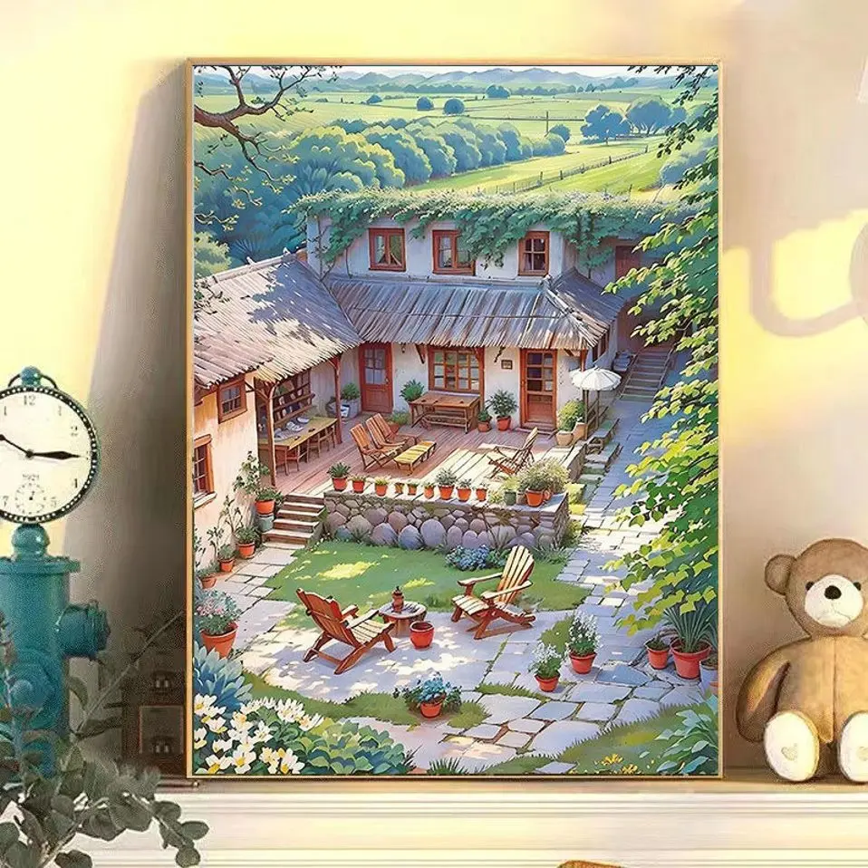 1set DIY digital oil painting, hand filled countryside retro courtyard oil painting, stress relieving healing painting