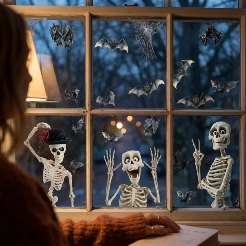 4Pcs Removable Halloween Skeleton Window Stickers Non-Adhesive PVC Static Window Decals Transparent Print Spooky