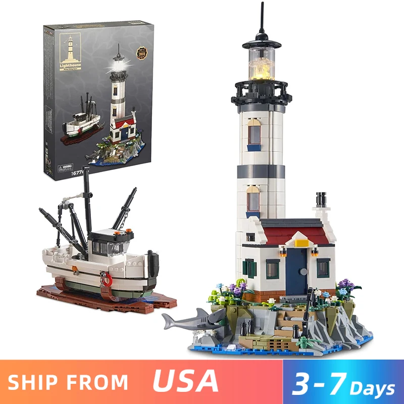 1677PCS Electric Lighthouse Building Blocks Fisherman Rescue Boats Lighthouse Bricks Set With Light Kids DIY Toys Christmas Gift