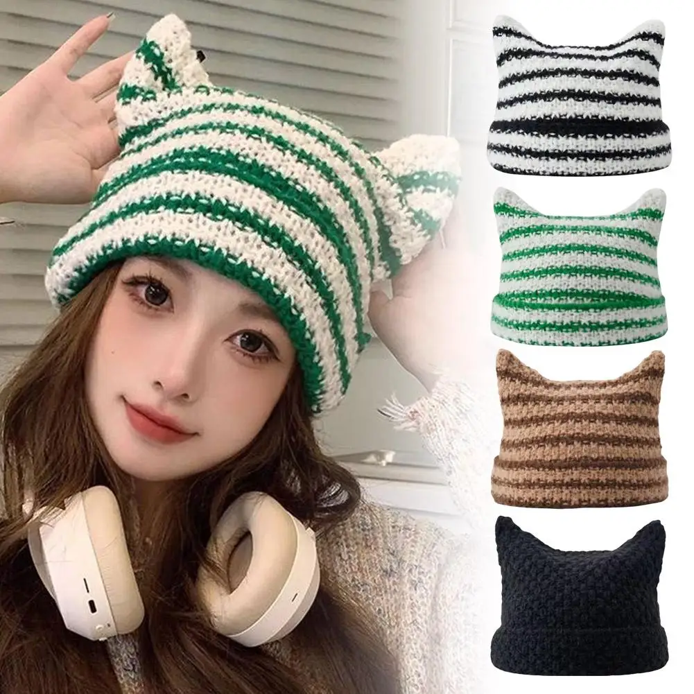 Japanese Streetwear Harajuku Little Devil Striped Knitted Hat Girls Cap and Ears Cute Beanie Cat Autumn Winter Women S4X6